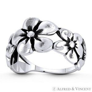 Daisy Flower, Vine, & Leaf Charm Boho Ring in .925 Sterling Silver - Size 9